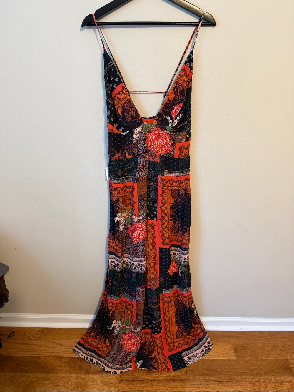 Free People Margarita Patchwork Jumpsuit Wide Leg Boho Red Multi Sz 8